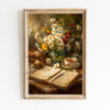 A vintage oil painting of a still life featuring wildflowers, an open book, and a cup on a wooden surface.