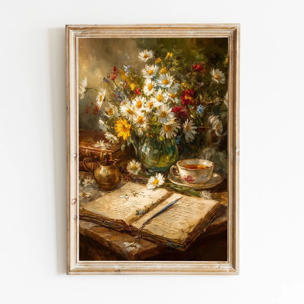 A vintage oil painting of a still life featuring wildflowers, an open book, and a cup on a wooden surface.