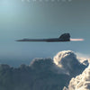 A Lockheed SR-71 Blackbird aircraft flying above a layer of clouds against a pale blue sky.