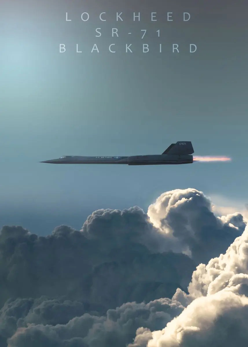 A Lockheed SR-71 Blackbird aircraft flying above a layer of clouds against a pale blue sky.