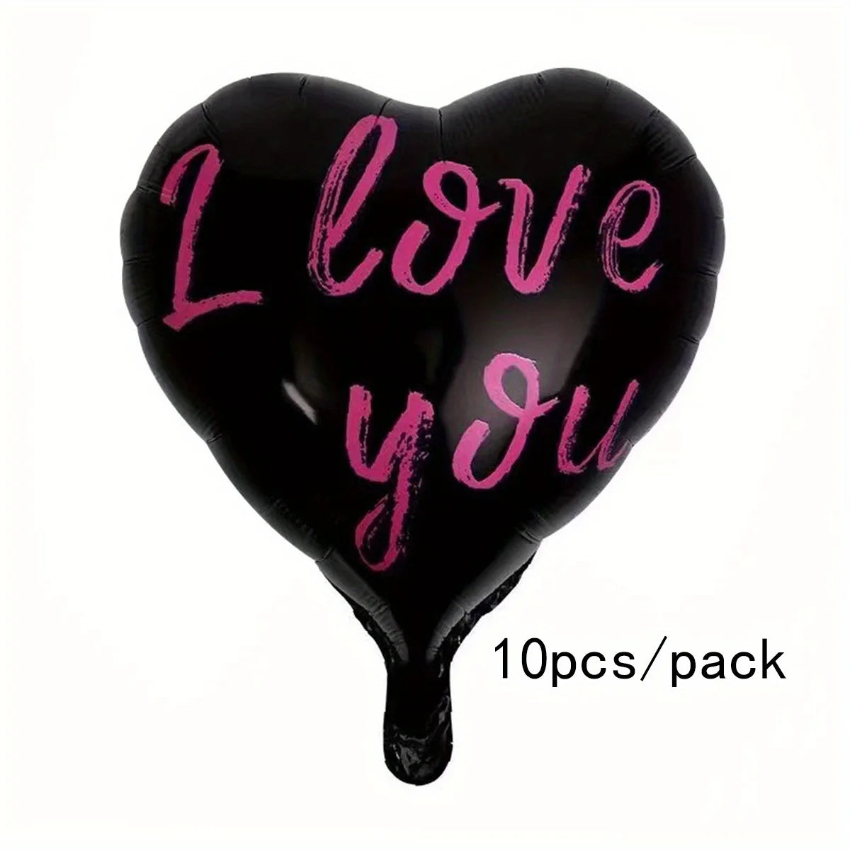A black heart-shaped balloon with pink text that reads I love you, packaged as a 10-piece pack.
