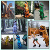 A person wearing an inflatable adult T-Rex costume posing outdoors.