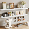 A modern wooden floating wall shelf organizer displaying various coffee and kitchen items.