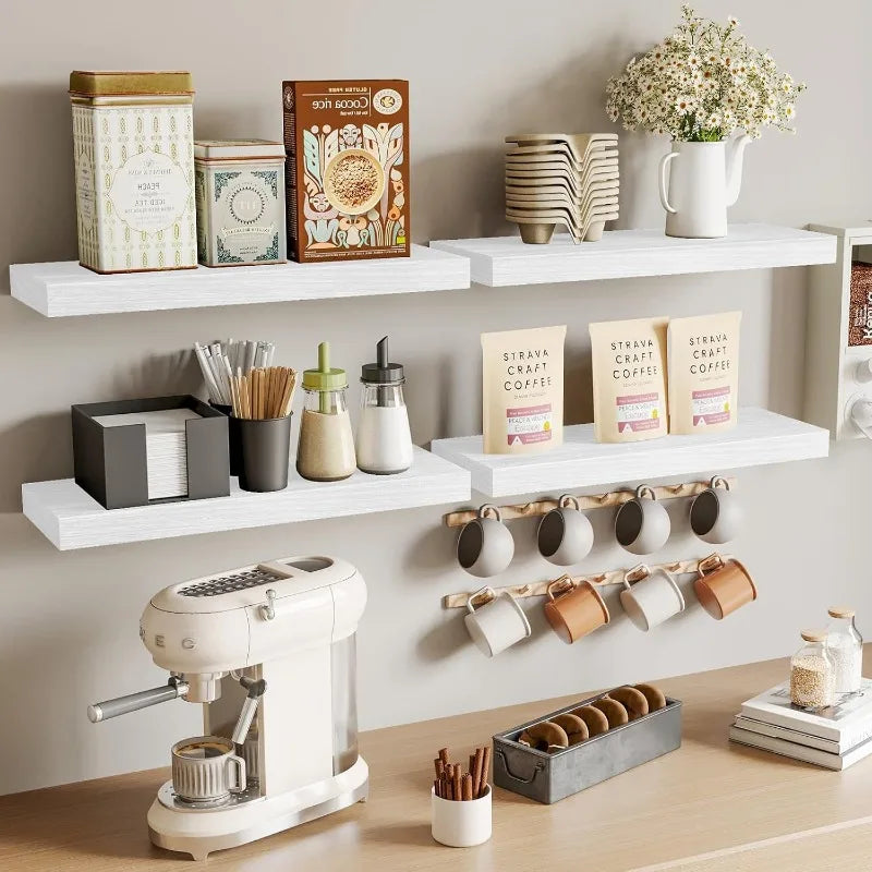 A modern wooden floating wall shelf organizer displaying various coffee and kitchen items.