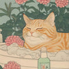 A watercolor illustration of an orange tabby cat sleeping among pink peonies and green foliage.