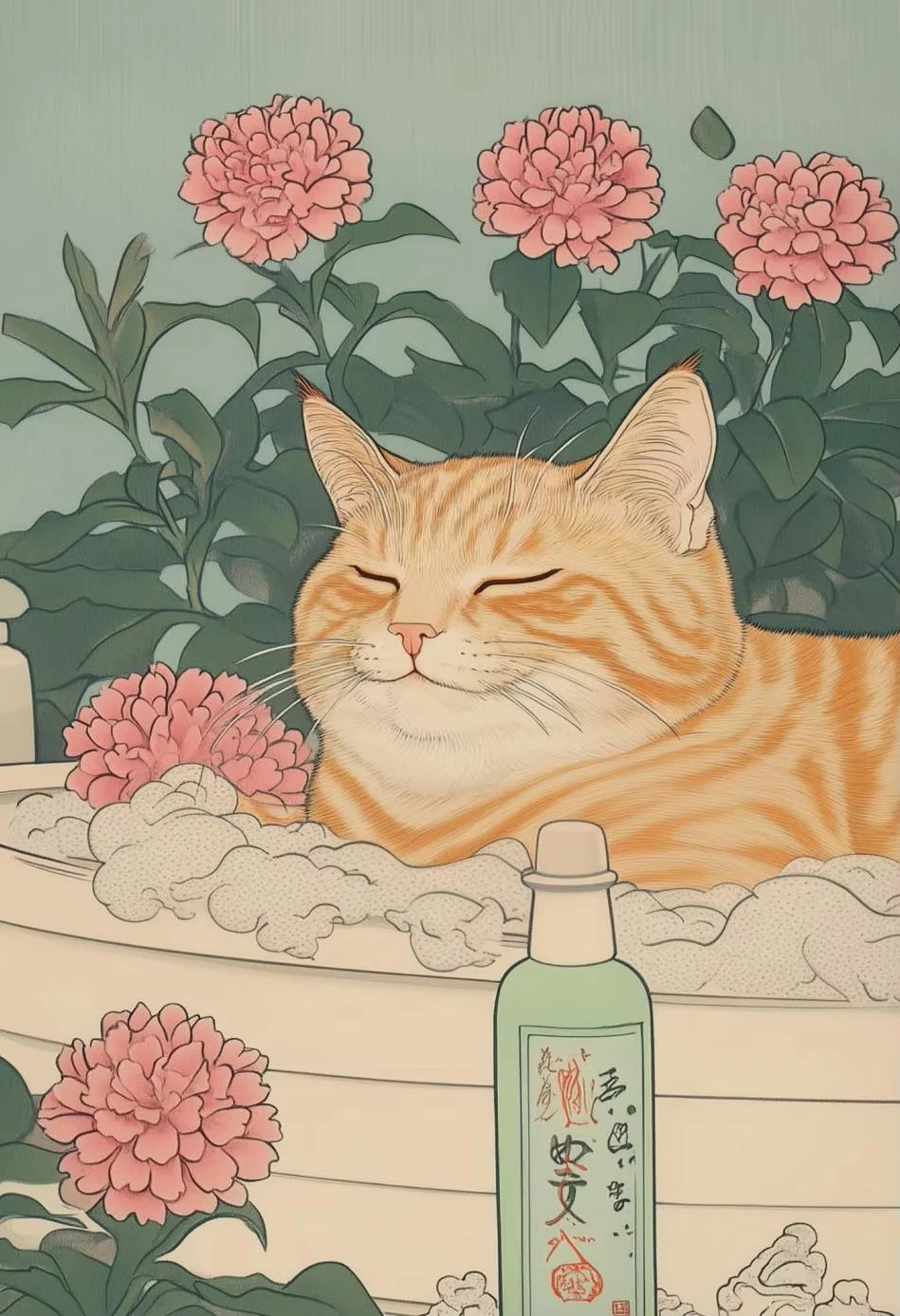 A watercolor illustration of an orange tabby cat sleeping among pink peonies and green foliage.