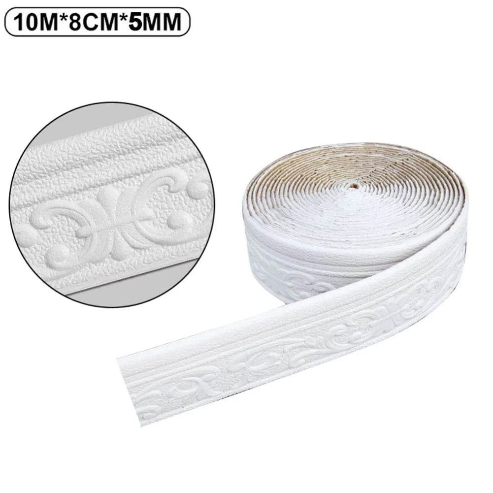 Roll of white 3D self-adhesive wall trim border for home decor featuring an ornate pattern