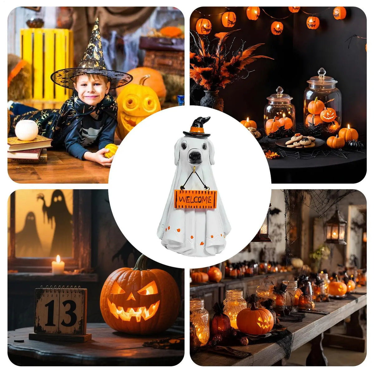 A white ghost figurine with a witch hat and a welcome sign displayed on a wooden surface surrounded by Halloween decor.