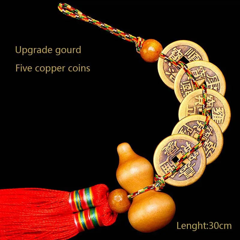 Antique copper five emperor coin pendant with a Chinese knot and red silk thread