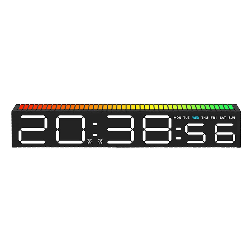 A black LED digital alarm clock displaying the time 20:38:56 with a color-coded light bar above.
