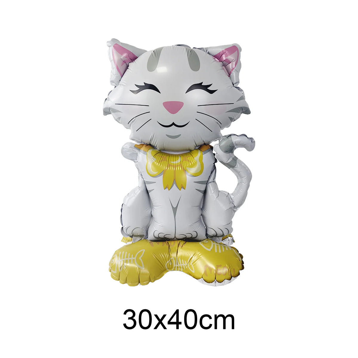 A realistic gray cat foil balloon decoration with yellow accents and a yellow paw print base.