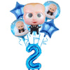 Blue star-shaped balloons and a large blue number 2 decoration for a Baby Boss themed party.