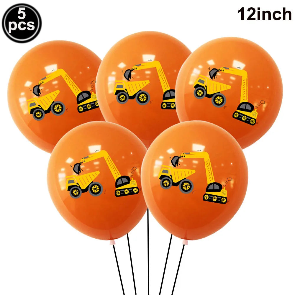 Five orange foil balloons shaped like construction trucks with yellow cranes for birthday party decor
