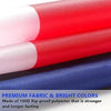 Close-up of three Japanese samurai flags in white, red, and blue fabric showing texture and vibrant colors