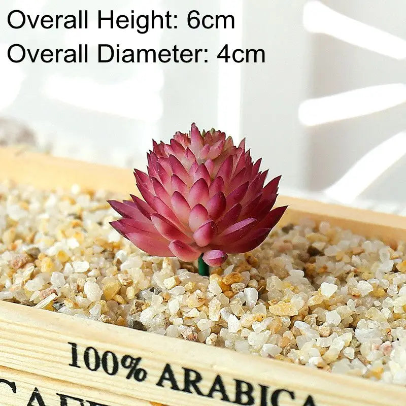 A pink succulent bonsai ball with a green stem is displayed in a wooden box filled with small gravel.