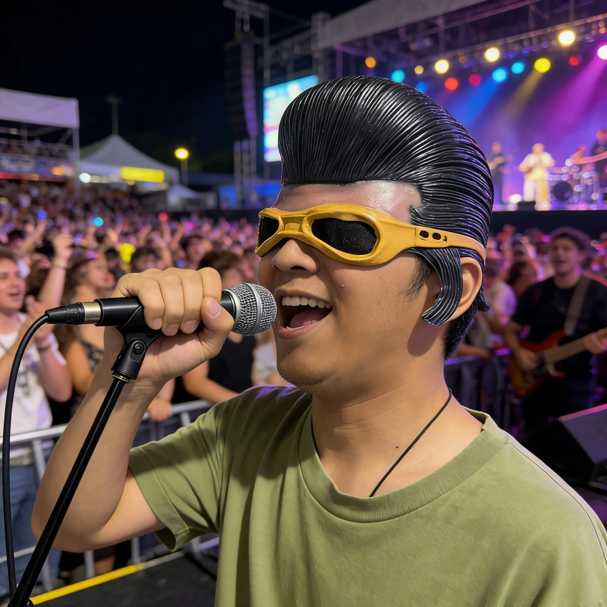 A young man wearing a yellow half-face latex mask performs on stage with a microphone under bright lights.