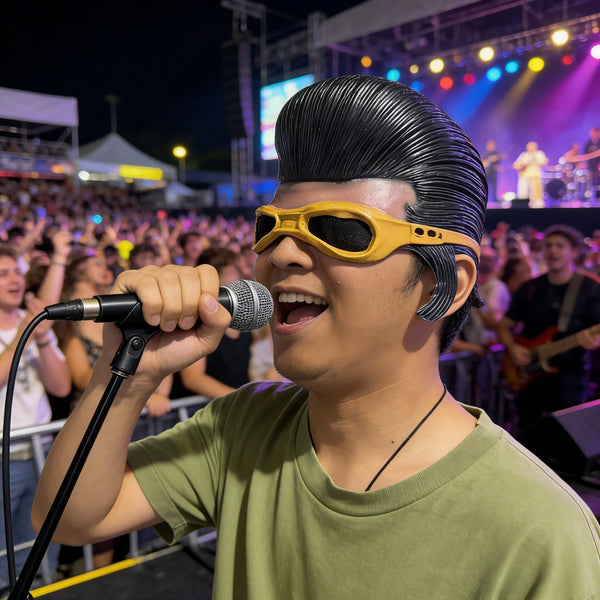 A young man wearing a yellow half-face latex mask performs on stage with a microphone under bright lights.