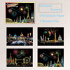A DIY scratch painting art kit featuring scenes like the Eiffel Tower and historical cityscapes on paper.
