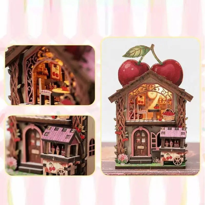 A detailed wooden layered puzzle magnet decor featuring a house with an apple tree and small garden elements.