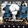 Anime tapestry wall hanging featuring Jujutsu Kaisen Gojo Satoru with spiky white hair and intense blue eyes.