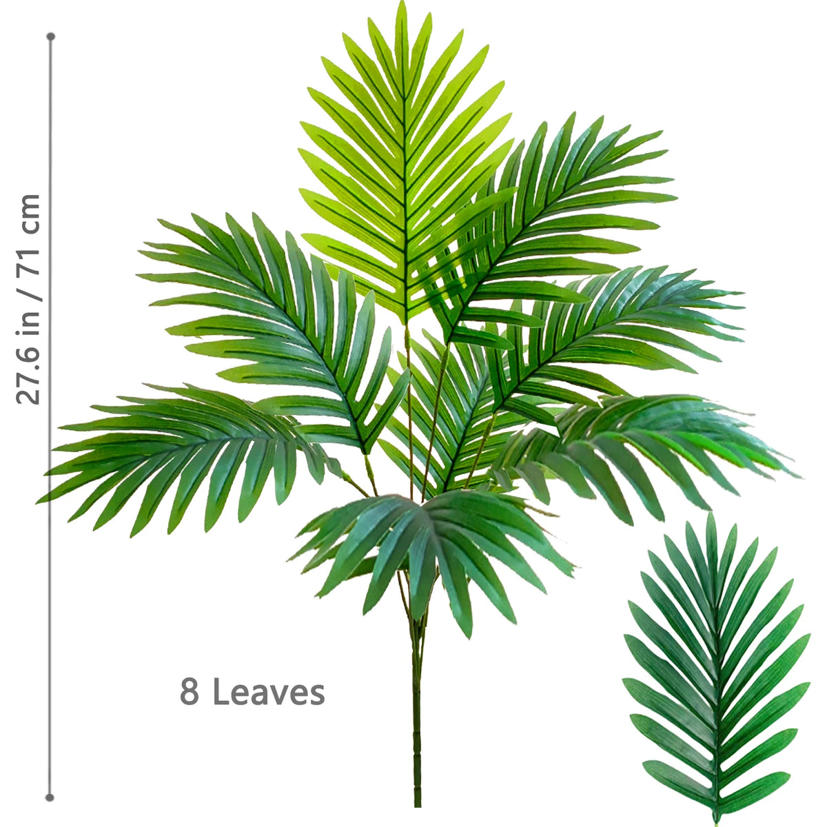 A realistic artificial palm tree featuring vibrant green silk leaves, shown with a height measurement.