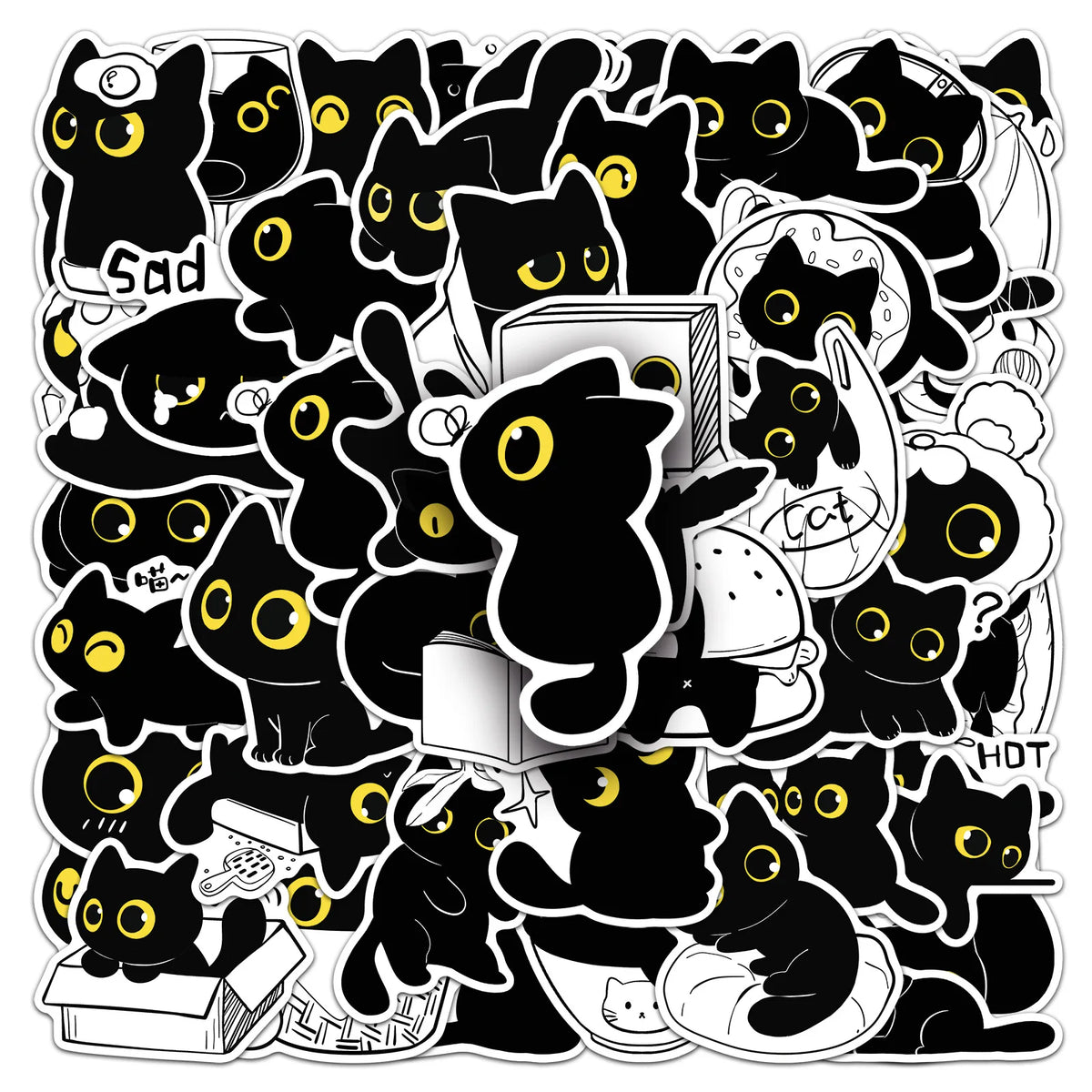 A collection of black and yellow kawaii cat stickers and decals featuring various cute kitten designs.