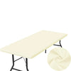 A rectangular white stretch tablecloth table with black legs.