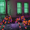Giant spider web LED lights illuminating a porch and windows in an autumn setting.