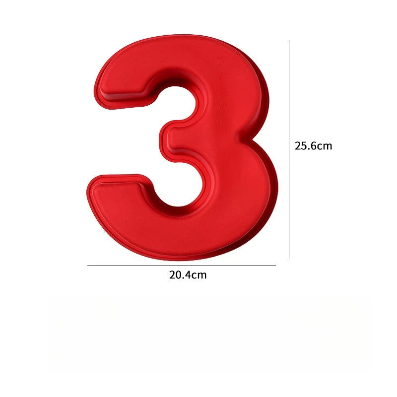 Rotes Silikon-3D-Zahlenkuchenform, geformt wie die Zahl Drei.