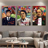 Three framed abstract graffiti canvas wall art prints featuring portraits of men