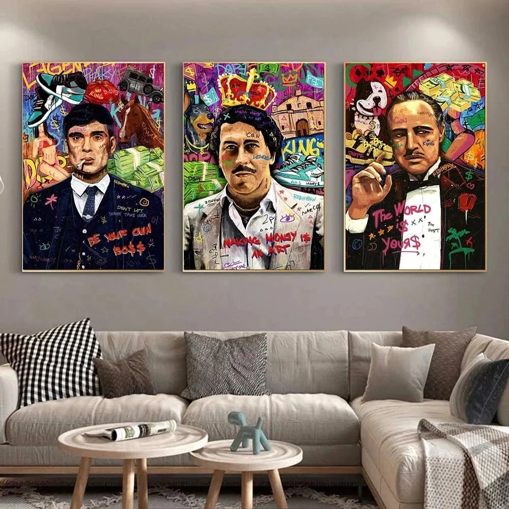 Three framed abstract graffiti canvas wall art prints featuring portraits of men