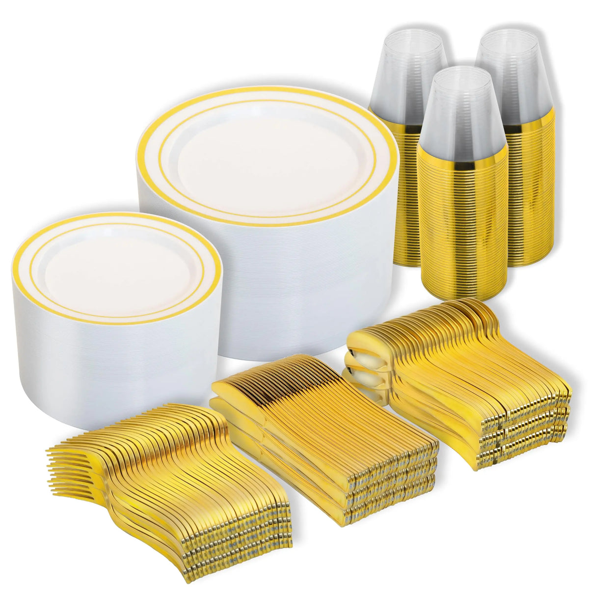 Service de vaisselle jetable en plastique avec bordure dorée, incluant assiettes et tasses.