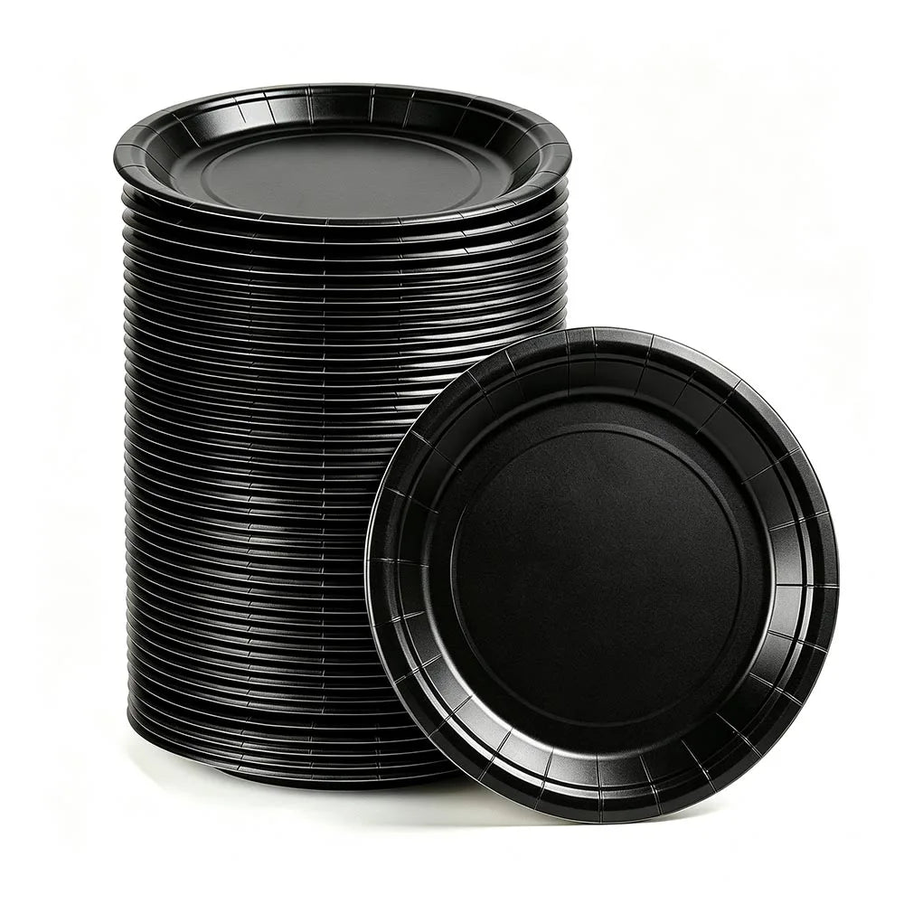 A stack of black disposable paper plates is shown next to a single plate.