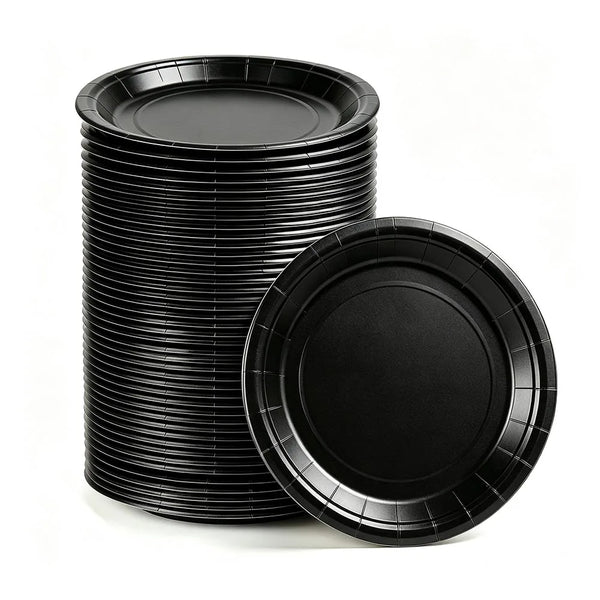 A stack of black disposable paper plates is shown next to a single plate.