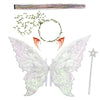 A set of sparkling fairy wings, a wand, and a floral crown displayed against a white background.