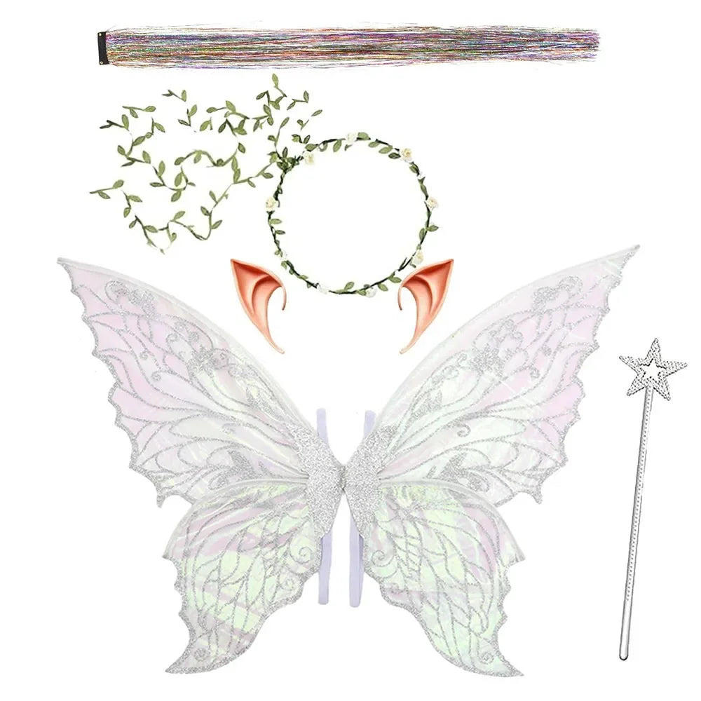 A set of sparkling fairy wings, a wand, and a floral crown displayed against a white background.