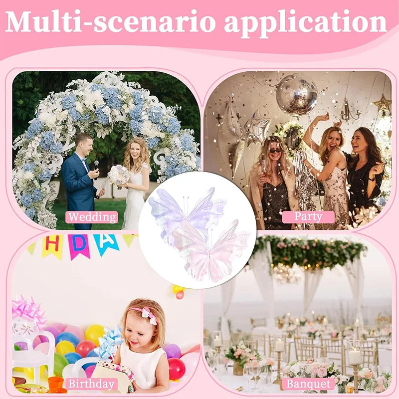 Multi-scenario application showing silk artificial butterfly decorations for weddings, parties, and banquets.