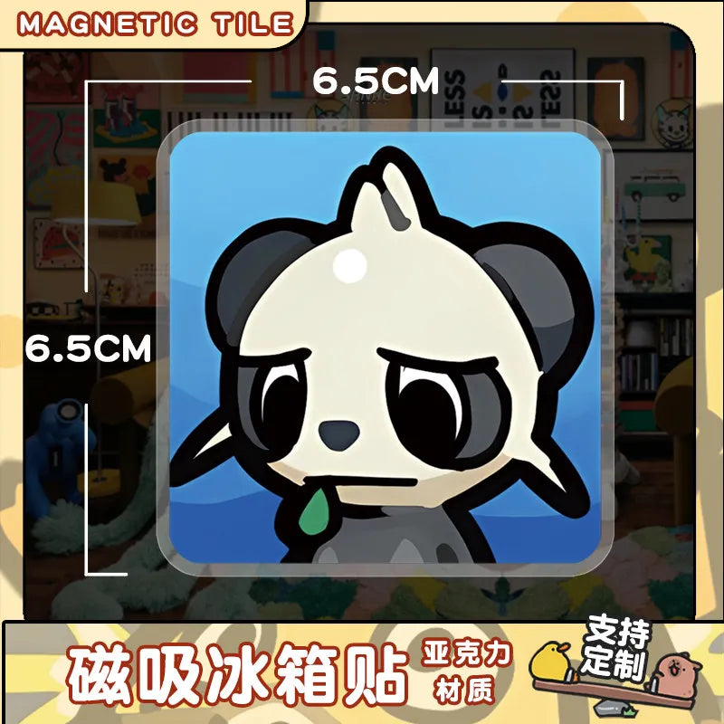 A cute, stylized panda character magnet displayed against a light blue background.