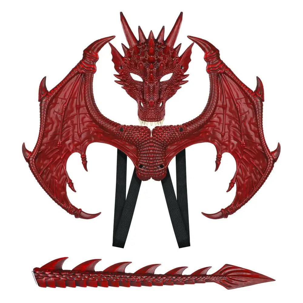 A red dragon wings and tail cosplay costume set for kids featuring a head, wings, and tail.