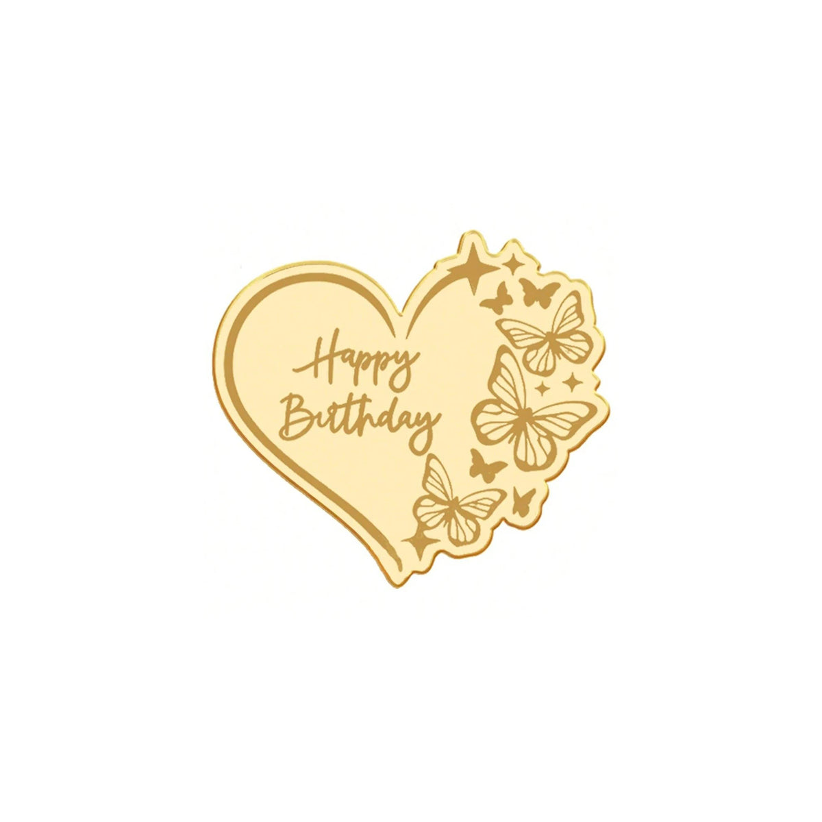 A gold heart-shaped acrylic cake topper with butterfly designs and the words Happy Birthday.