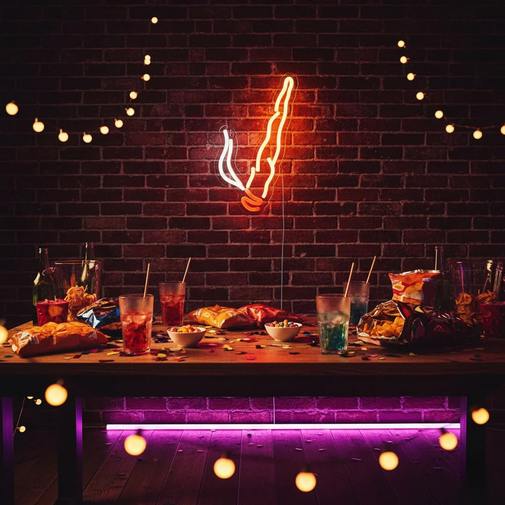 Un design de cigarette au néon orange brille sur un mur de briques avec des guirlandes lumineuses et diverses boissons sur un