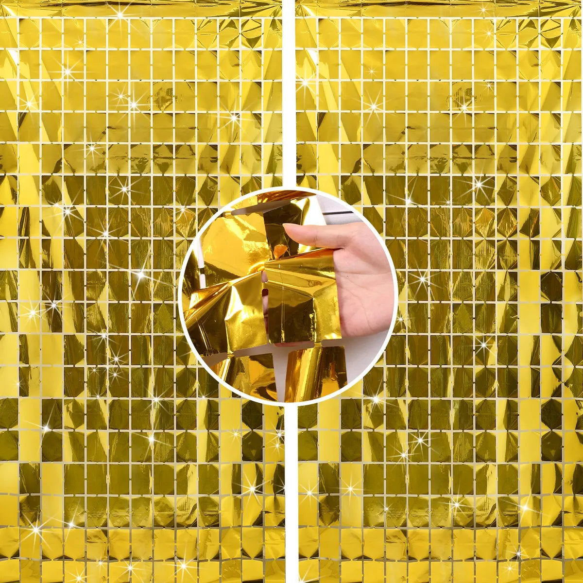 A hand is folding gold foil sequins on a yellow glitter party backdrop.