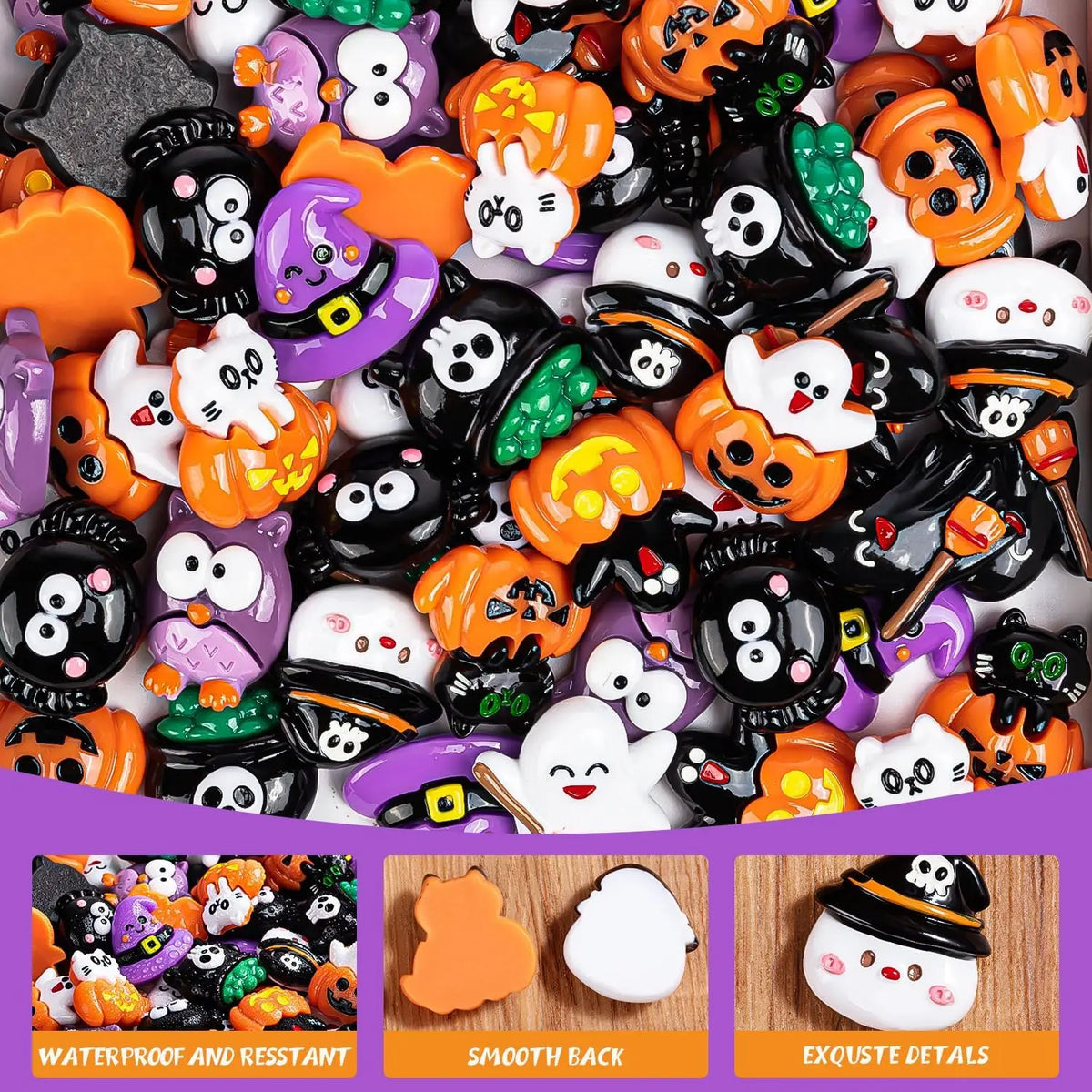A collection of Halloween resin flatback charms featuring pumpkin and ghost embellishments in various colors.