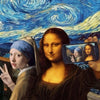 Pintura de una mujer con pañuelo azul y cabello largo, sosteniendo un smartphone que muestra un retrato de otra