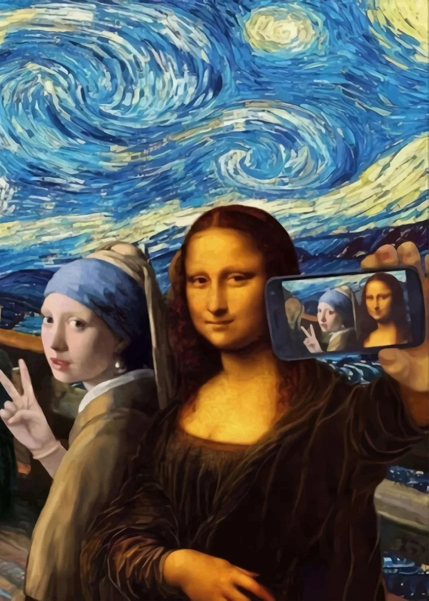 Pintura de una mujer con pañuelo azul y cabello largo, sosteniendo un smartphone que muestra un retrato de otra