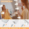 A woman uses a dimmable USB LED vanity light for makeup mirror, showing the charging head and socket components.