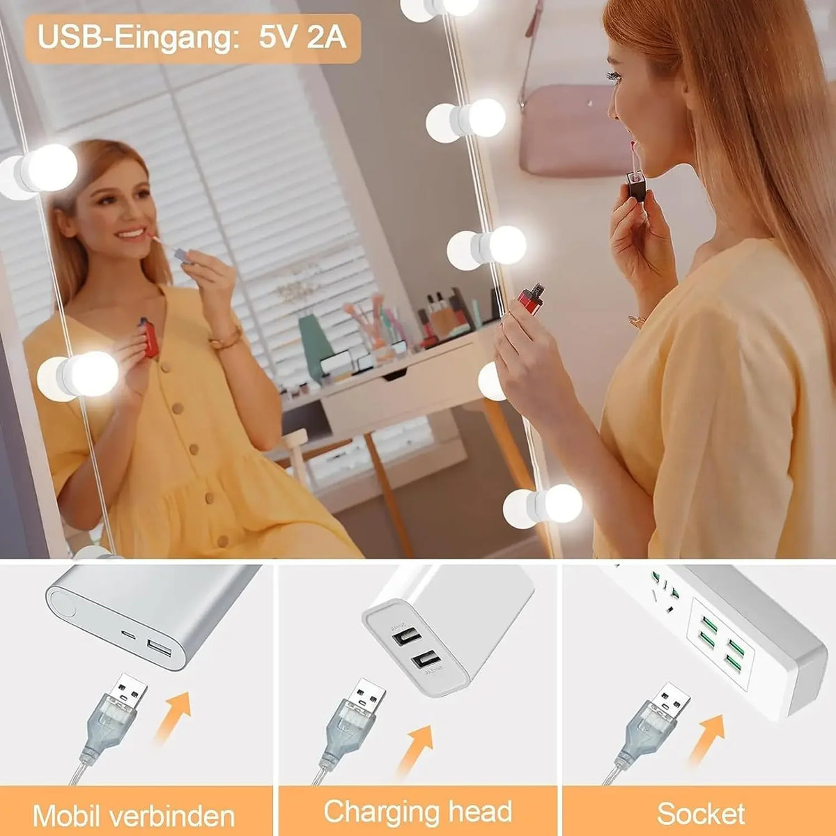 A woman uses a dimmable USB LED vanity light for makeup mirror, showing the charging head and socket components.