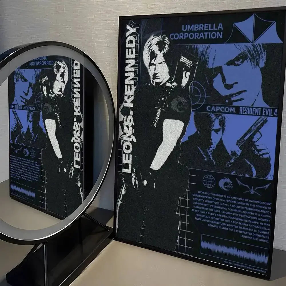 A poster featuring characters from Resident Evil, including Leon Kennedy and Umbrella Corporation branding.