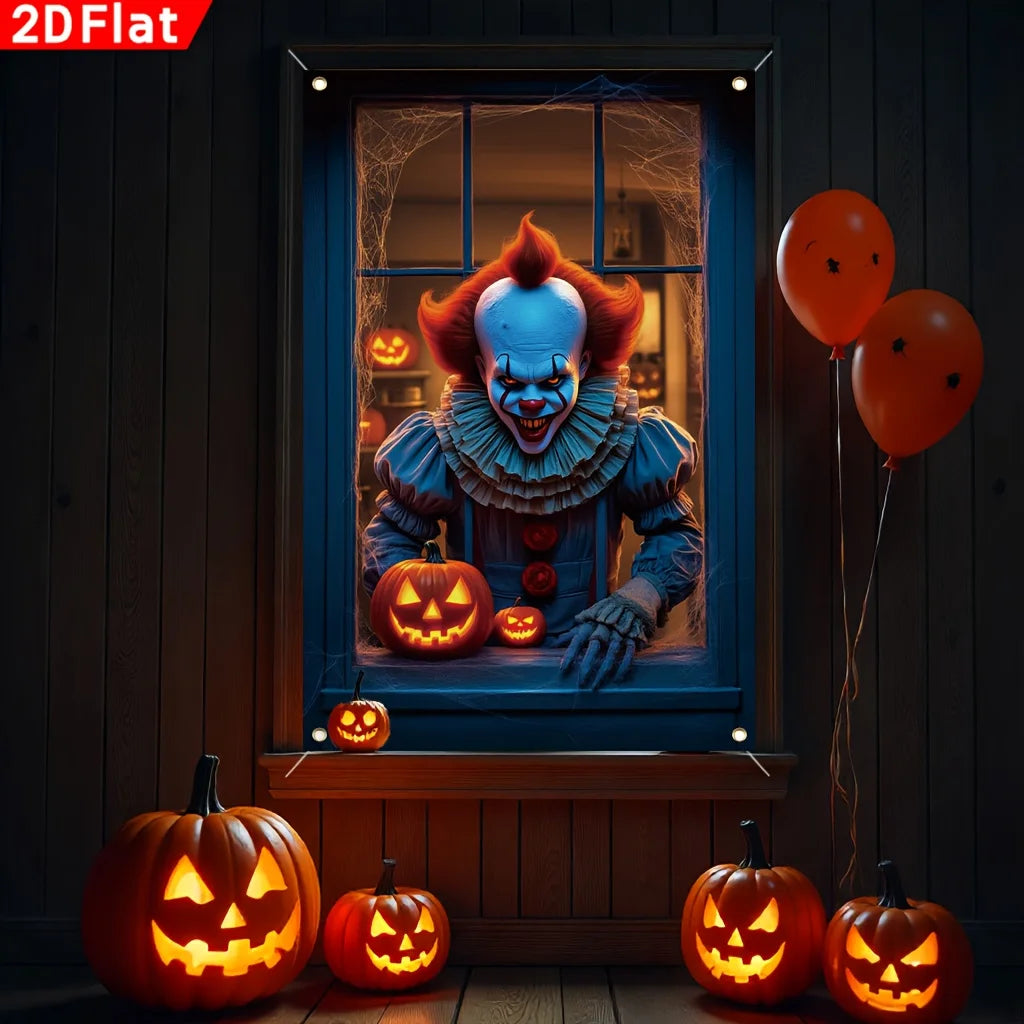 A window banner featuring a terrifying clown with an orange wig, surrounded by pumpkins and a spider web design.
