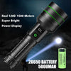 A black rechargeable zoom flashlight with a green light, showing a power display and battery details.